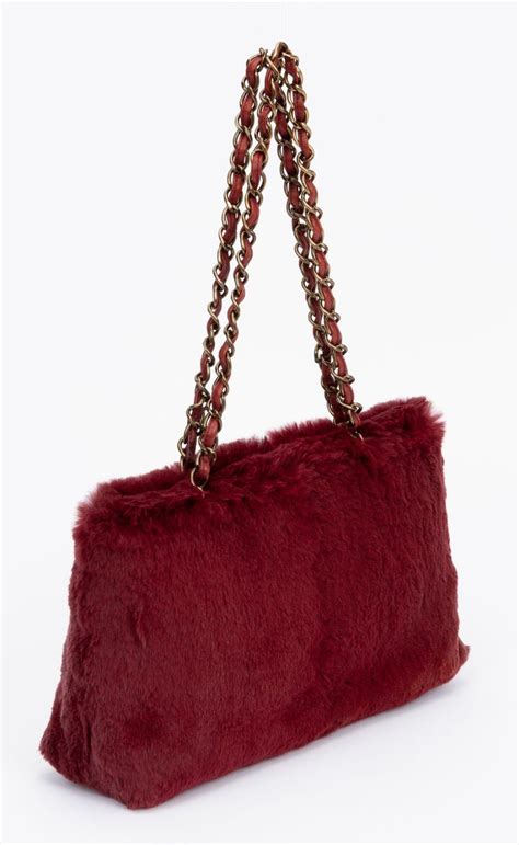 CHANEL Rabbit Fur Shoulder Bag Burgundy 